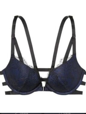 Victoria's Secret Navy Blue Black Lace Front Clasp Strap Push Up Bra 32B